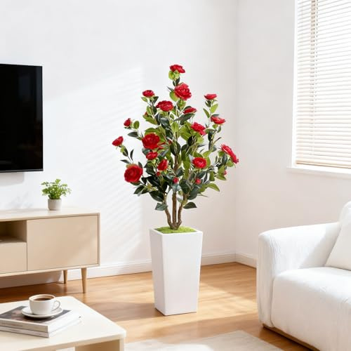 Hodeffior 4FT Künstlicher Kamelienbaum, 120cm Groß Künstliche Pflanzen im Topf, mit Blättern UNH Blüten, Innen Deko Blumenpflanze wie echt für Wohnzimmer Eingang Büro Garten Dekoration,Rot