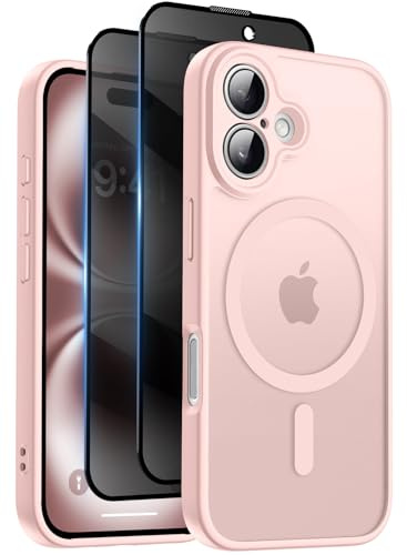 HeIssitot for iPhone 16 Case, Privacy Screen Protectors X2, Pink | Compatible with MagSafe, Camera Protection, 15FT Military Drop Protection, Translucent Matte Shockproof Phone Cover