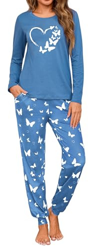 Leversic Pyjama Femme Hiver Coton Manches Longues Haut Imprimé Papillonet Pantalon Long Confortable pour la Maison TD- Bleu Cobalt XL