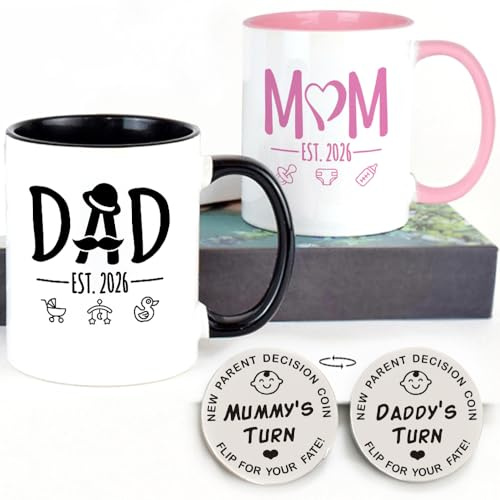 LOZACHE New Mum Dad Coffee Mugs Set with Decision Coin, Pregnancy Gifts for Expecting Mummy and Daddy to Be, Frist Time New Mummy Daddy Gifts for Parents Mothers Day Birthday Couples Presents (2026)