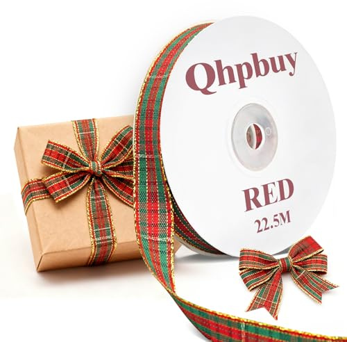 Geschenkband Weihnachten 22.5m, Weihnachtsbänd 16mm Breit, Schleifenband Weihnachten Dekoband Rot und Grün, Kariertes Band Stoffband Waterproof für DIY Weihnachtsbasteleien Geschenkverpackungen