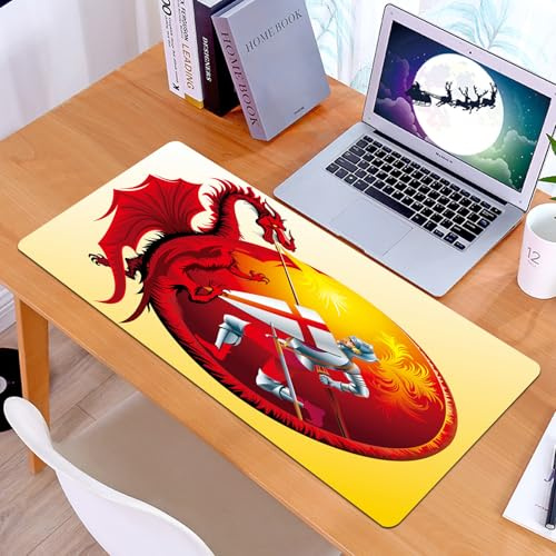 KDWJS Gaming Mouse Pad Mouse Mat - 35.5 x 16 in - XXL mousepad - Table mat large size - improved precision and speed - Legendary battle scene, a sinister red dragon with shield and knight in a circul