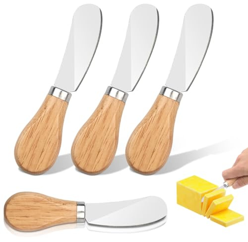 Notoke 4 Stück Käse- & Butteraufstrecker mit Holzgriff | Edelstahl Butter-Messer | Ideal für Käse, kalte Butter, Marmelade & Backwaren | Küchenzubehör (ca. 12,3 cm)