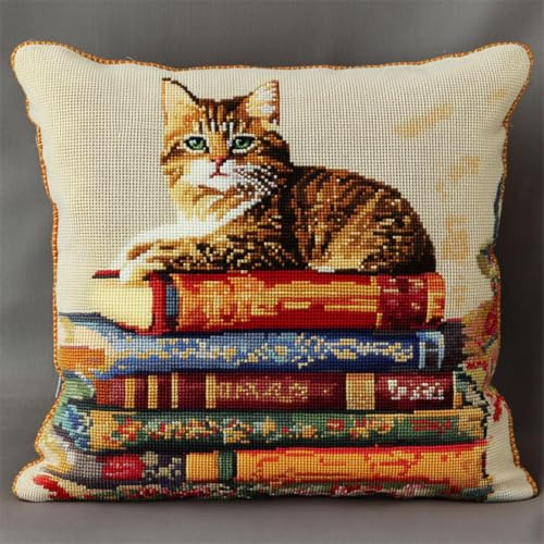 Kit De Almohada Con Aguja De Cierre Animales De Gato Y Libros Kit De Aguja De Pestillo Para Almohada,Alfombra Diy,Kits Para Hacer Cojines De Ganchillo Con Lienzo De Patrón Preimpreso 43x43cm