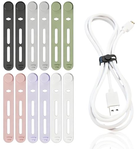 12pcs Silicone Cable Ties, Reusable Cable Straps Cord Ties, Cord Organizer Wrap, Elastic Adjustable Charger Cables Strap, Flexible Organiser for Earphone Phone Charger Audio Cables Computer(6 Colors)
