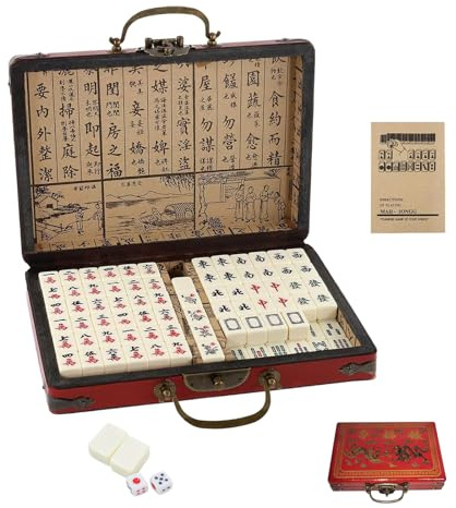 Lusacy Mini Chinese Majong Set, 144PCSChinese Traditional Mahjong Set, Mahjong Tiles Game, Portable Family Mahjong Game Set with 2 Dice & Leather Carrying Case Box for Travel, Family Gathering, Party