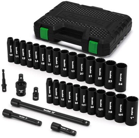 TecoTek 1/2 Drive Deep 12-Point Impact Socket Set, 32-Piece Socket Set, SAE 3/8-1Inch and Metric 10-24mm Size, Includes Extension Bars, Universal Joint and Adapter, CR-V Steel