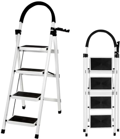 XUANYU Escalera Plegable de 4 Peldaños, Estructura de Acero, Plataformas Antideslizantes y Pasamanos, Escalera de Tijera para Hogar Oficina y Tareas Domésticas (Blanco, 4 peldaños)