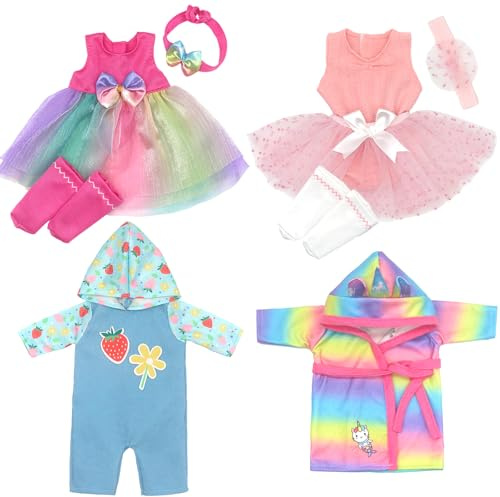Doll Clothes Dress for 10-14 Inch 30-36cm Baby Dolls, 4-pack Soft Outfits with Socks Headband (Not Include Doll)