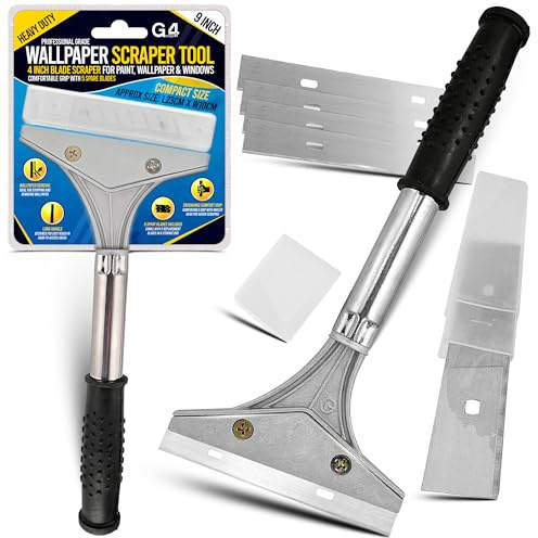 G4GADGET Heavy Duty Wallpaper Scraper 9 Inch Long with Comfortable Grip – 4 Inch Blade Paint & Window Scraper Tool with 5 Spare Blades for Wallpaper Stripping, Glass, Tiles & Adhesive Removal