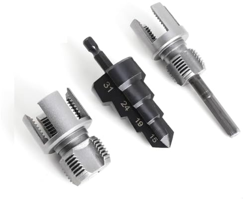 Ounfhtrttk Kit de 3 Herramientas para Roscar Tubos de PVC. Incluye Cortadores de Roscas Internas y Externas de 1/2 y 3/4, Escariador y Broca Escalonada.