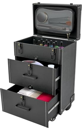CHUOZI Rolling Makeup Train Case, Cosmetology Nail with Pouch, Cosmetic Trolley Travelling Cart Trunk with Sliding Drawer & Keys for Artists Technician Salon (Purple+Gold)