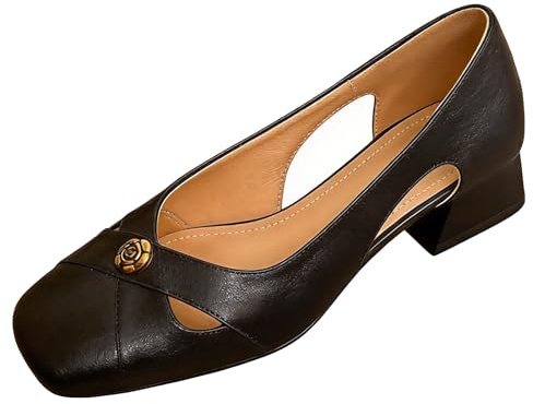 Dam fyrkantig tå Mary Jane-skor dra på låg blockklack äkta läder crossover ihålig sida ihålig retro outfit kaffe datum, Svart, 36.5 EU