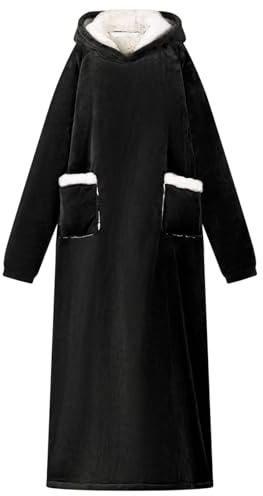 GeenYuu Filthuvtröja svart, L av fleece och flanell, oversized loungewear för kvinnor och män, mysig husdräkt för vinter, med huva och praktisk väska, perfekt för avkoppling hemma
