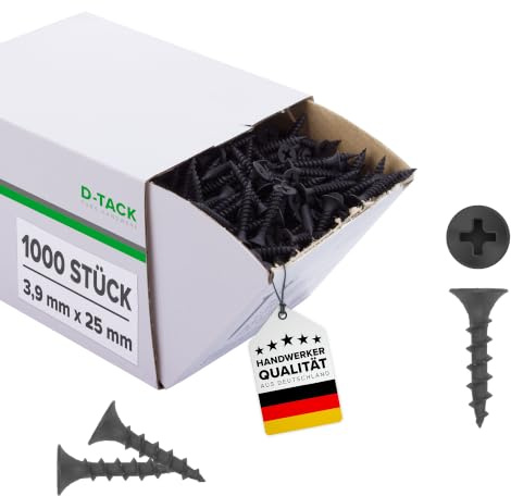 D-TACK 1000x Schnellbauschrauben 3,9 x 25 mm | Trockenbauschrauben mit Grobgewinde für Gipskarton auf Holzunterkonstruktion | PH2 Trompetenkopf | phosphatiert | DIN 18182-2