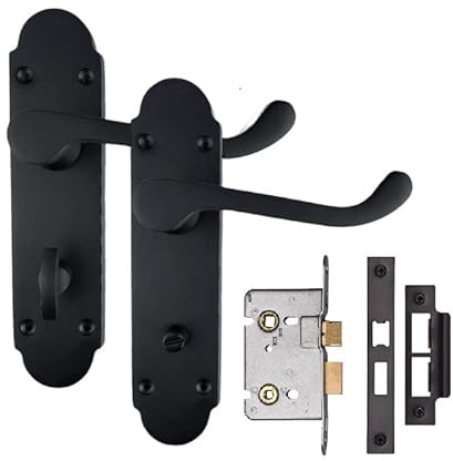 Golden Grace Epsom Bathroom Lock Handle Set, Matt Black, 170x40mm | Includes mortise mechanism, spindle, screws and thumbturn bar. Durable metal plates measure 170mm x 40mm.