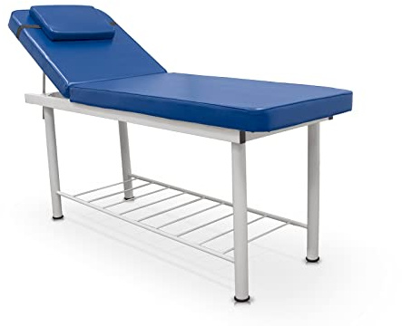 Quirumed Lettino da massaggio fisso, 2 sezioni, con struttura in acciaio, colore blu, similpelle, foro facciale, cuscino, portarotolo, vassoio inferiore, fino a 180 kg