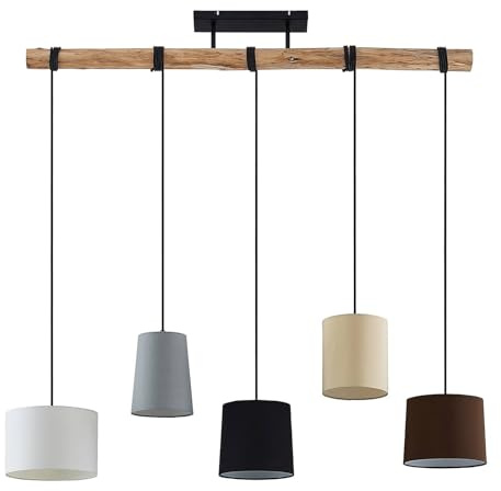 Lindby Esstisch Pendelleuchte Holz, Textil Balkenpendelleuchte Holzast und Stoff Lampenschirm Hängelampe Lampe Wohnzimmer 5x E27 ohne Leuchtmittel