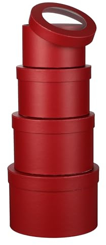 Oairse Round Gift Boxes with Clear Lids Set of 4 Red Flower Boxes Assorted Sizes Cardboard Nesting Gift Box Florist Hat Box for Presents Flowers Arrangements Wedding Birthday Party Valentines