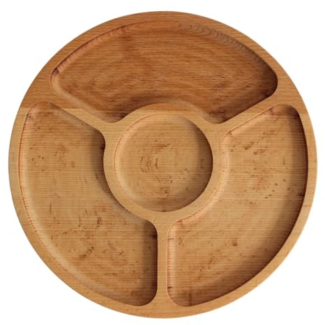 4BIG.fun Plato de Madera Natural de 28 cm Con 4 Compartimentos Divididos para Servir Entrantes, Queso y Aperitivos, Tabla para Carne