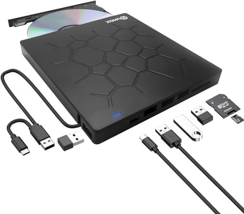 QUMOX Masterizzatore Esterno DVD/CD USB 3.0, Lettore CD/DVD con 4 Porte USB e Lettore Schede TF/SD, Compatibile con Windows/Mac/Linux