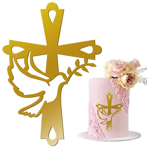 AWAVM 1 Stk Kuchendeko Kreuz Cake Topper Taube Gold Acryl Torte Deko, Schillernder Spiegeleffekt für Hochzeit, Geburtstag, Weihnachten, Party & mehr, Kreuz und Blätter (C)