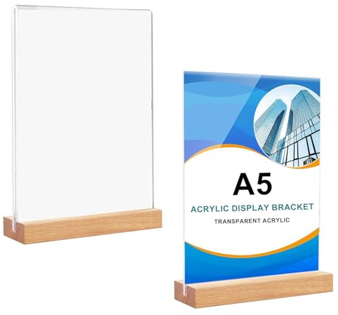 Acryl Aufsteller, 2 Stück A5 Tischaufsteller, Tischaufsteller Aufsteller, T Form Tischaufsteller, Dualer Kartensteckplatz Plakatständer, Schildhalter mit Holz Sockelboden, für Restaurant, Laden