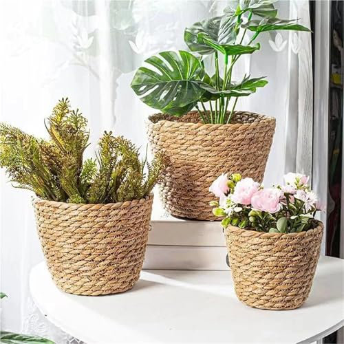 Vävda blomkrukor, 3 delar, havsgräsbäddskorg, halmkorg, planteringskorg, behållare för blomkrukor inomhus och utomhus för trädgård bröllopsdekoration (M 22x14x15c