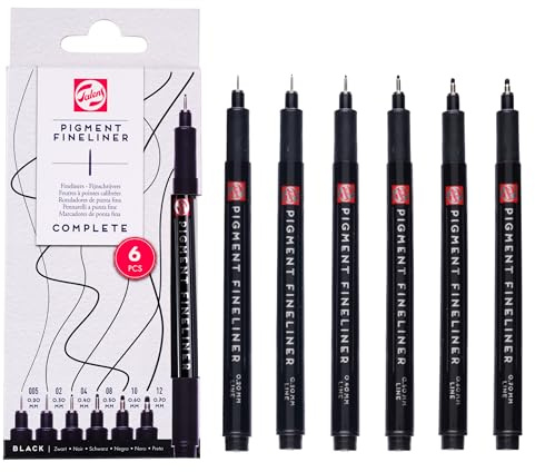 Talens set di fineliner pigmentati – 6 pezzi punte fini (0,20 mm–0,70 mm) – Inchiostro nero permanente e resistente alla luce – Set completo per disegno, schizzi e scrittura