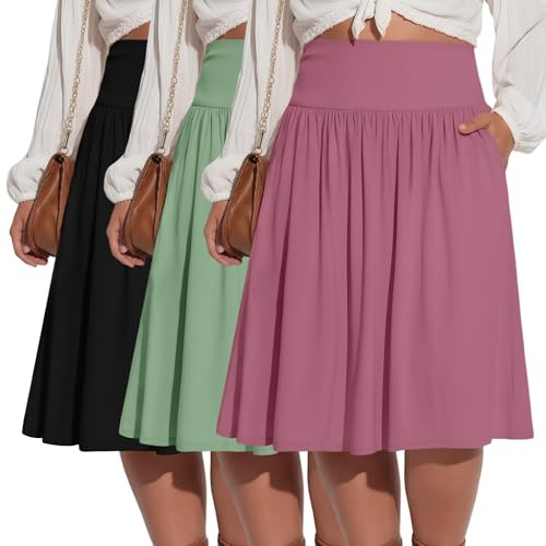 Riyiper 3 Pack Plus Size Knee Length Skirts for Curvy Women Pockets Flared High Waist Midi Pleated Flowy A Line Summer Skirts(Purple Pink, Mint Green, Black,3X-Large)