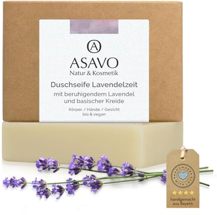 ASAVO Premium Lavendelseife, handgemachte BIO Seife, Naturseife mit Karitébutter & natürlichem Lavendelöl, vegan, 95g