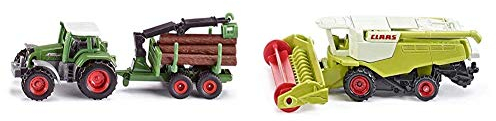 SIKU 1645, Traktor mit Forstanhänger, Metall/Kunststoff, Grün, Inkl. 6 Baumstämmen & 1476, Claas Mähdrescher, Metall/Kunststoff, Grün, Bewegliche Haspel, Schwenkbares Abtankrohr