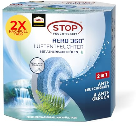 Pattex AERO 360° Frischer Wasserfall Tabs Nachfüllpack, reduzieren Feuchtigkeit und schlechte Gerüche, Nachfülltabs für den Luftentfeuchter AERO 360°, 2er-Pack (2x450g)