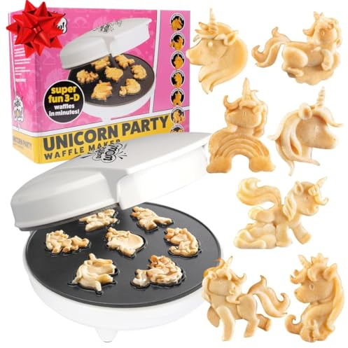 Unicorn Mini Waffle Maker- Creates 7 Different 3D Animal Shaped Waffles in Minutes- A Fun Cool Magical Breakfast for Kids, Girls & Adults- Electric Non-Stick Waffler Iron, Pancake Baker w Recipe Guide