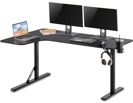 REKT R-Desk 160 L (Gauche) Bureau Gamer d'angle L160 x P60-100 x H75 cm - Supporte jusqu'à 100 Kg - Porte Gobelet - Repose Casque - Bureau Gaming d'angle en L PC Console Table