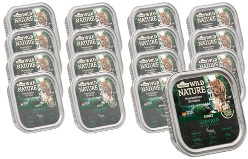 Dehner Wild Nature Katzenfutter Auwald, Nassfutter getreidefrei, für ausgewachsene Katzen, Hirsch / Truthahn, 16 x 100 g Schale (1.6 kg)