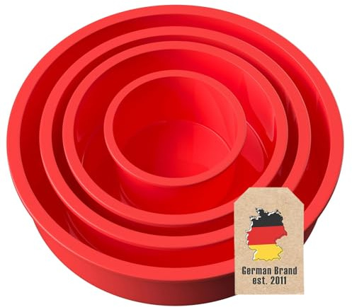 INTIRILIFE 4-teiliges Kuchenbackformen Set Rund aus Silikon in Rot - 10 cm / 16.3 cm / 19.8 cm / 25 cm - Zum Backen von Torten Kuchen Schichttorten