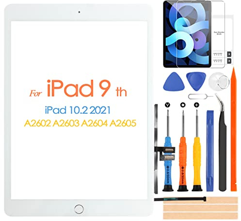 Touch Screen per iPad 9 2021 9th Generazione, Digitizer Touchscreen per iPad 10.2 2021 A2602 A2603 A2604 A2605, Schermo tattile Frontale, con Home Buttone, include Strumenti di Riparazione (White)