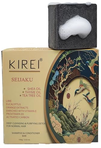 Kirei Shampoo Bar, 2-in-1 Shampoo & Conditioner Bar, reinigendes, feuchtigkeitsspendendes Shampoo Bar für alle Haartypen, Shea/Teebaum/Thymian, Aktivkohle, natürliche vegane Formel, SEIJAKU 100g