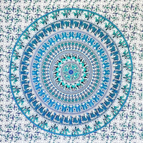 MOMOMUS Wandteppich Mandala - Stoff, Bunt, Orientalische Design- Ideal als Wandtuch Mandala, Wandbehang und Wandteppich Boho- Weiß-Blau, 210x230 cm