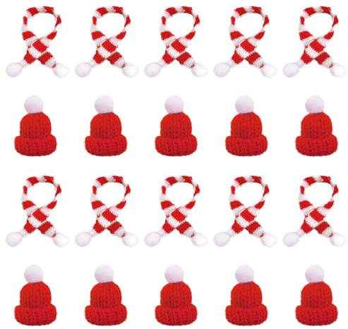 SKHAOVS 20 Stück Mini Weihnachtsmütze Set Mini Weihnachtsmannmützen Mini Weihnachtsschal Mini Mütze Mini Schal Fingerhut Mini Weihnachtsdekoration Lollipop Schneemann Geschenk Dekoration (20 Stück)