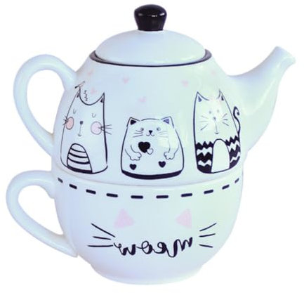 1 Set Cat Teapot Cup Cat Printed Teapot Ceramic Tea Cups Cat Pattern Teapot Stovetop Boiling Pot Vintage Ceramic Heater Tea Maker Tea Pot White China European and American Ceramics