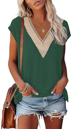 PLOKNRD T-Shirt D'été à Manches Courtes pour Femme Haut Élégant à Encolure en Dentelle Top Quotidien Classique(Vert foncé,L)