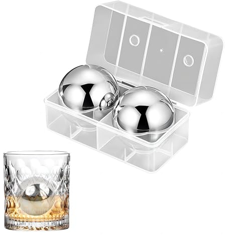 55 mm Stainless Steel Ice Ball Set with Storage Box, 2 Pcs Metal Ice Spheres, Large Round Whiskey Chilling Stones, Reusable Spherical Metal Ice Cubes, Chilling Balls for Beer/Cocktail/Vodka/Wine