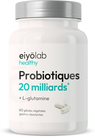 Probiotiques 20 Milliards d’UFC + Glutamine | Flore Intestinale et Cicatrisation de la Muqueuse | Idéal Contre la Perméabilité Intestinale | 60 Gélules Gastro-résistantes | Made in France | Eiyolab
