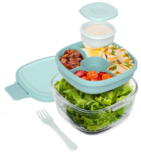 Bentgo Glass Salad Container with Airtight Lid & Leak-Proof Sauce Cup