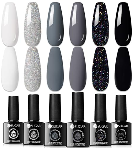 UR SUGAR UV Nagellack Grau Glitzer, Gel Nagellack Schwarz Weiß Gellack UV Farbgel Set Starter Set für Nagelstudio Nagel Set mit Geschenkbox Maniküre Set