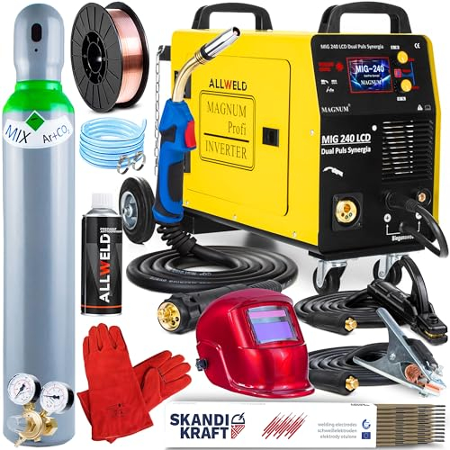 Magnum MIG 240 Doppelpuls - Vollsynergisches MIG MAG Schutzgasschweißgerät mit 4 Rollen Drahtvorschub - für MMA, WIG und Punktschweißen - LCD-Bedienfeld - Set Professional Plus