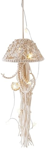 Makramee-Wandkunst | Gewebtes Quallenornament mit Lichterketten | Traumfänger für Mädchenzimmer mit langer Quaste, Geschenke Traumfänger Boho Wanddekoration