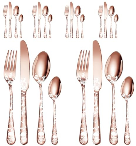 XIAOYU 24-Piece Halloween Themed Skull Silverware Set, Gothic Skull Pattern Design, Stainless Steel Flatware Set Serving for 6, Knives Forks Spoons Cutlery Daily Halloween Party Event, Rose Gold
